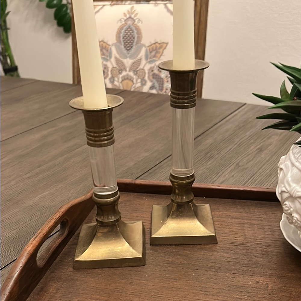 Elegant Brass and Clear Glass Candle Holders